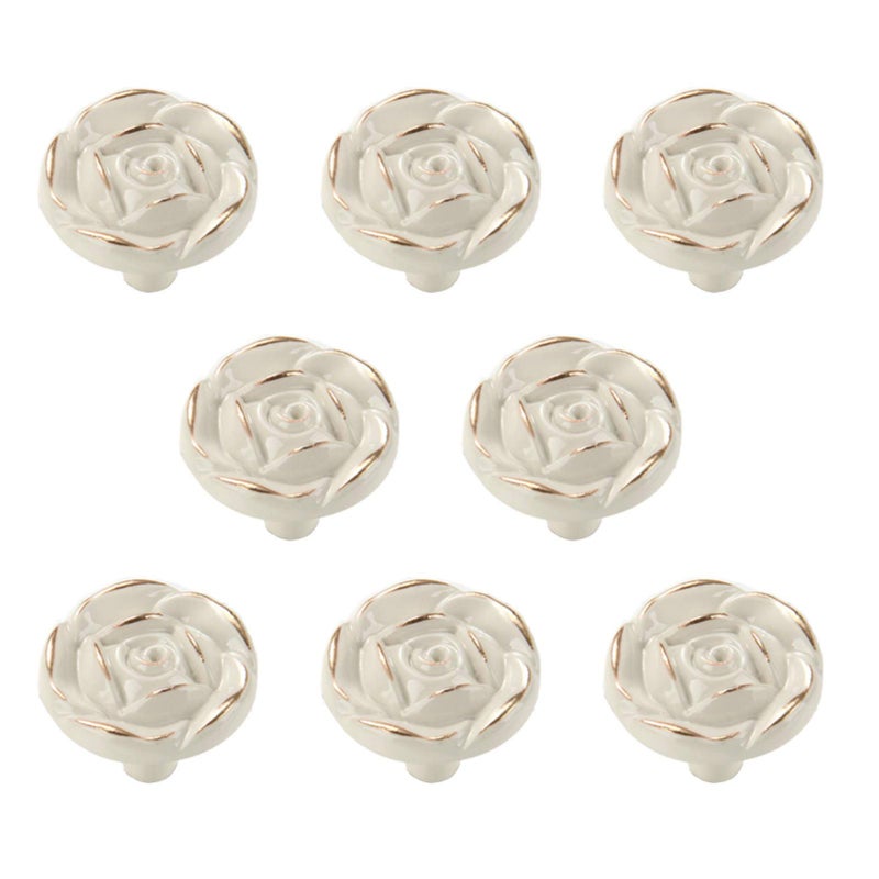Joyindecor Antique Rose Flower Cabinet Knobs, Vintage Kitchen Shabby Chic Zinc Alloy White Drawer Pull Handles for Dresser Vanity Nightstand Cupboard Wardrobe, 8 Pack (Golden Line) - Image 1